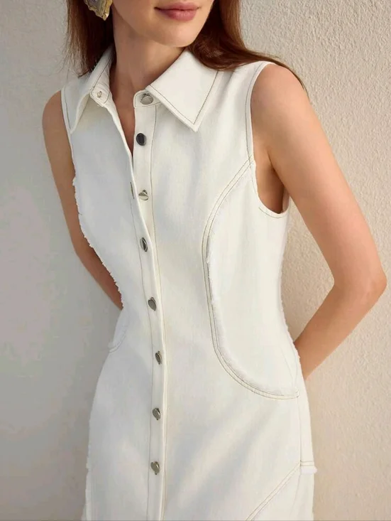Sleeveless White Denim Button-Front Maxi Dress – New, Size M, Motf - Picture 2 of 5